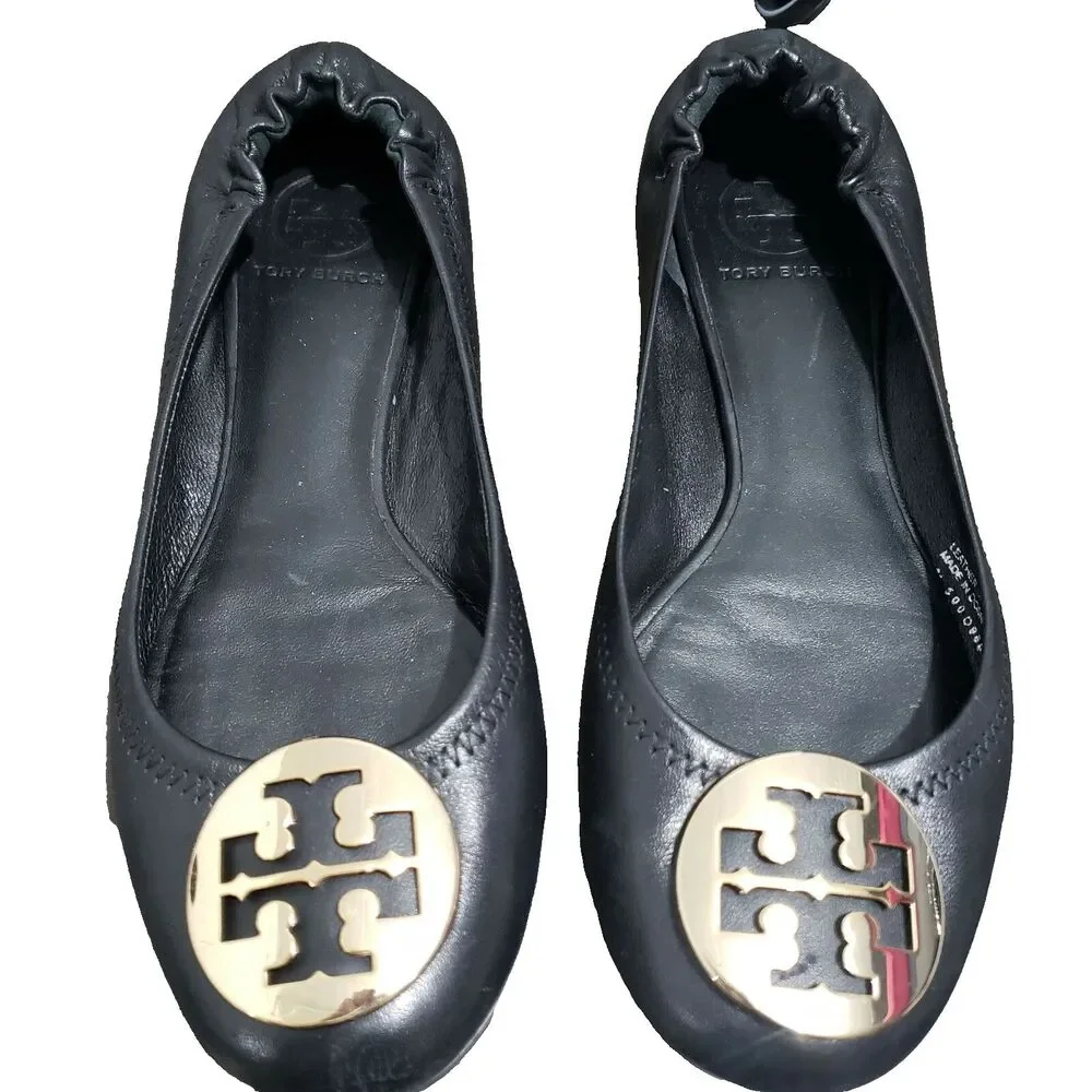 Tory Burch Black Flat Shoes Gold Logo 8M